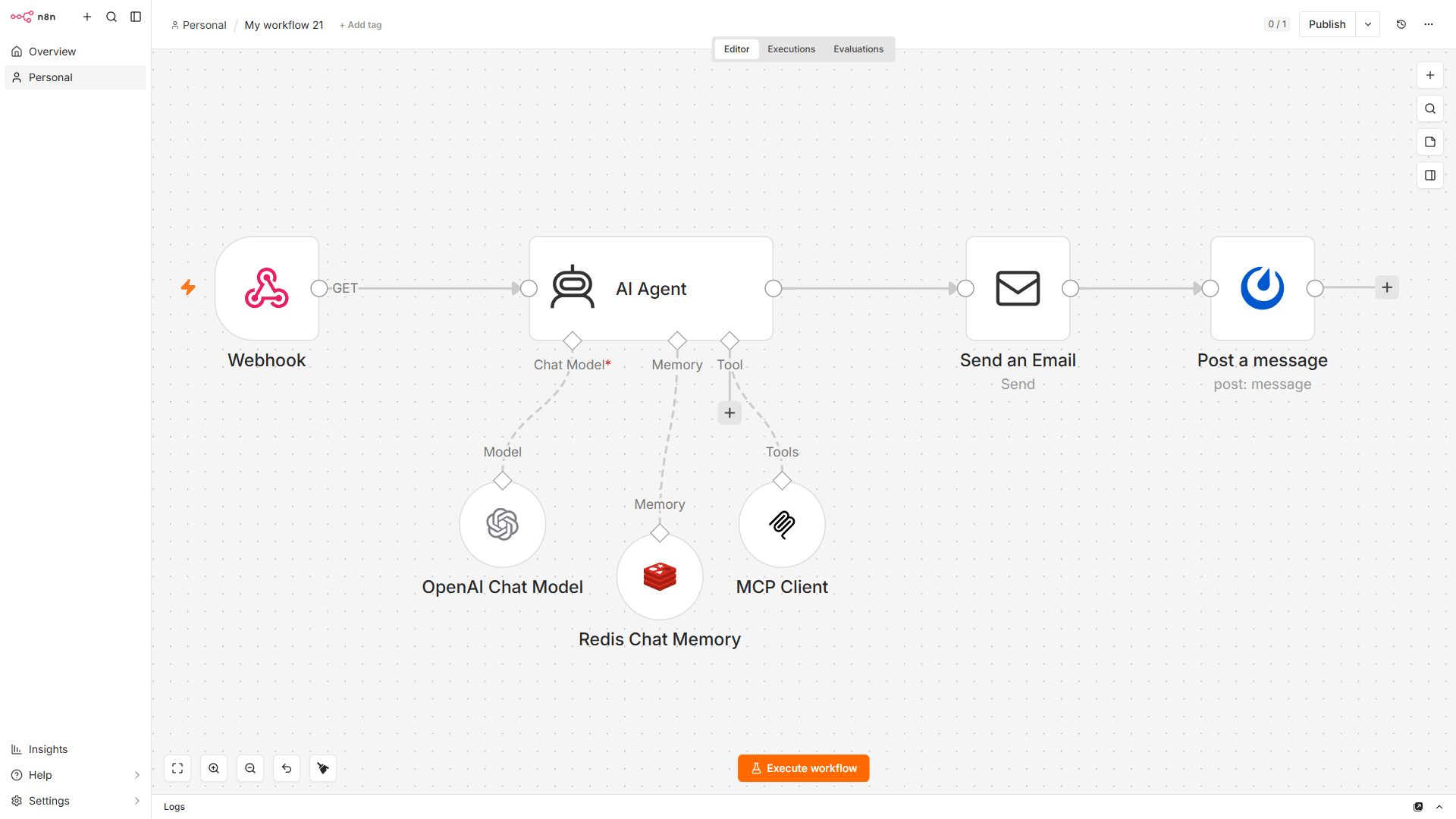 Produkční workflow AI agenta v nástroji n8n na infrastruktuře Alpha Solutions